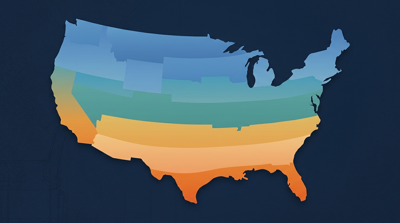 US map shaded by climate zone, cool blue in the north transitioning to warm amber in the south