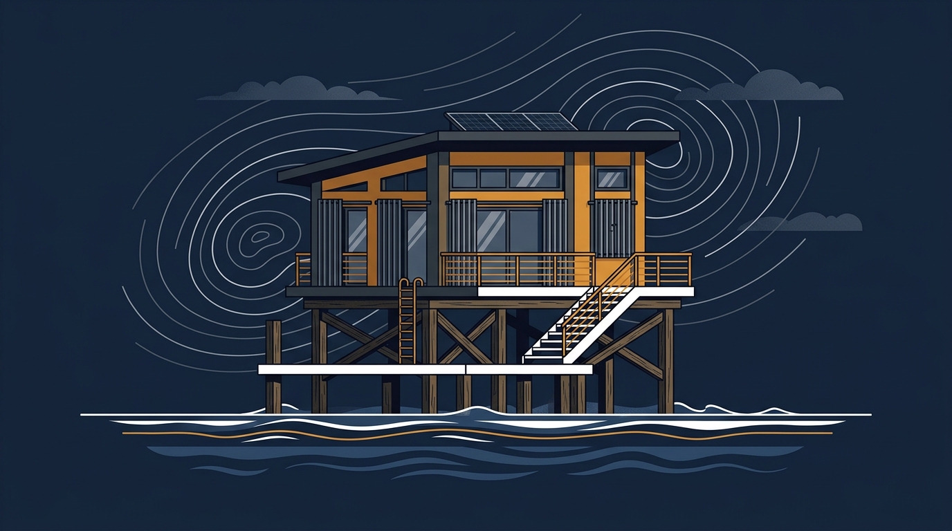 Coastal home raised on pilings with reinforced shutters, surrounded by wind contour lines and a horizontal water line