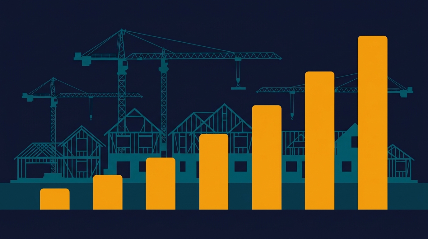 Upward-trending bar chart in amber overlaid on silhouettes of construction cranes and framed houses