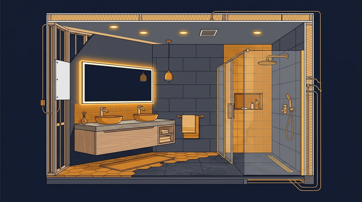 Modern bathroom interior with vanity, mirror, shower, and tile