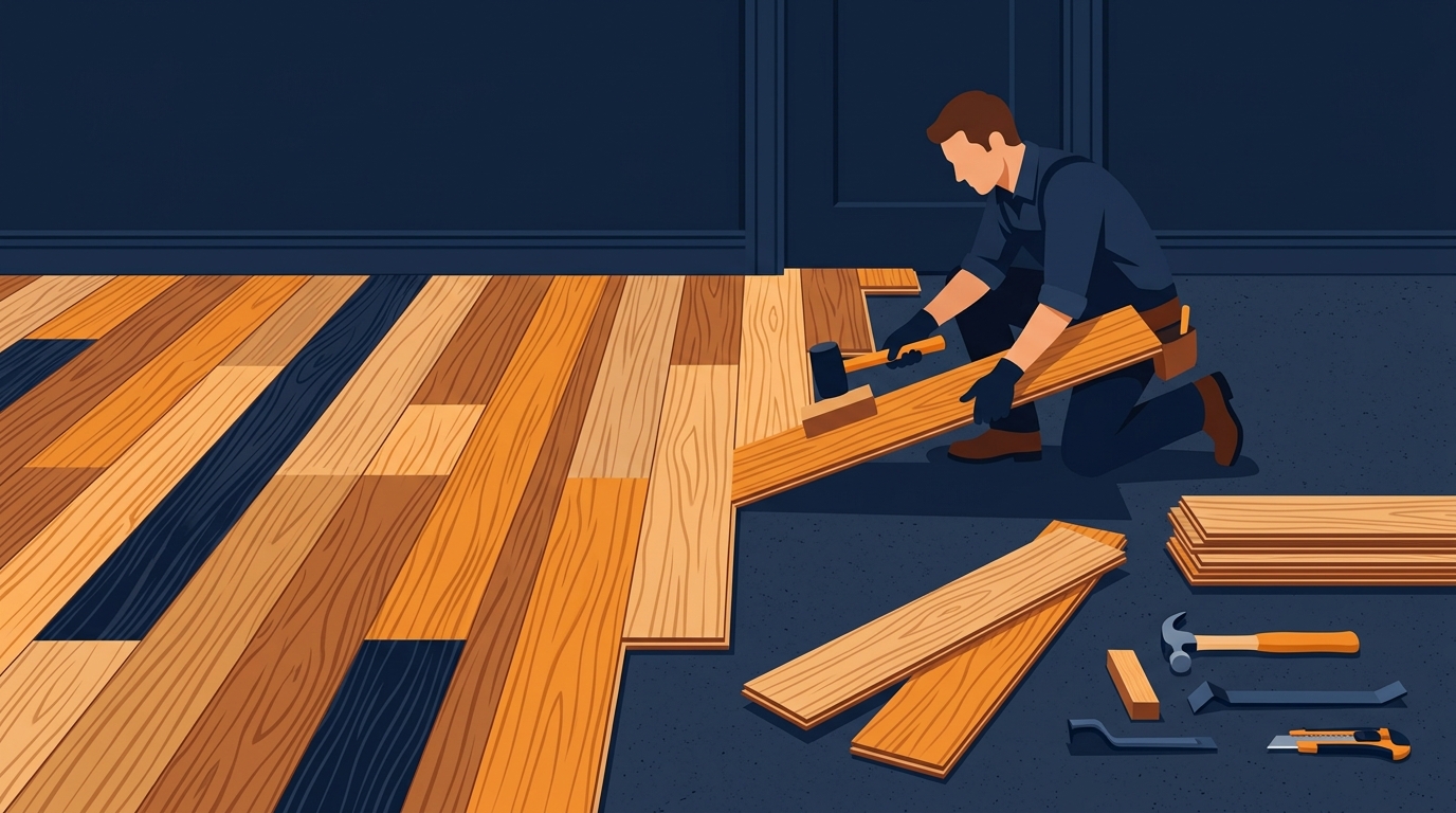 Wood plank flooring being installed with planks at different stages of placement