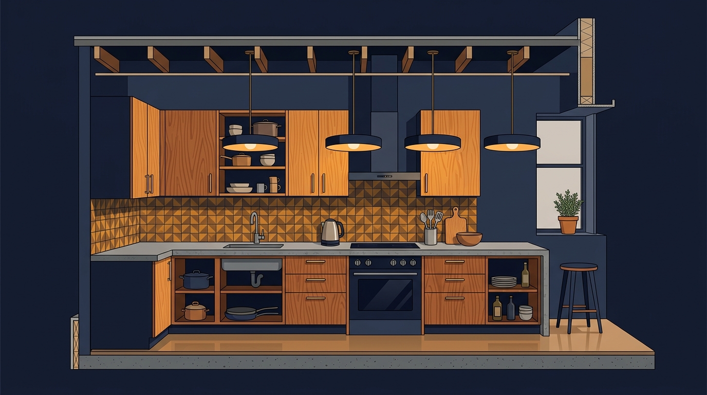 Modern kitchen interior with cabinets, countertop, range, and pendant lights