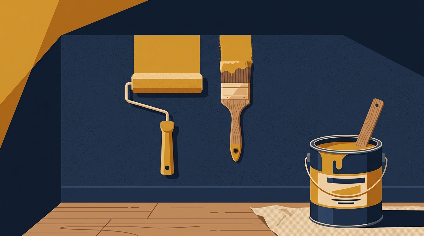 Paint roller and brush on a residential wall with paint can in foreground