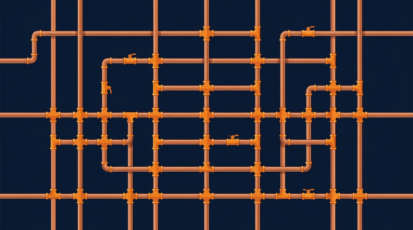 Copper plumbing pipes forming a clean geometric pattern