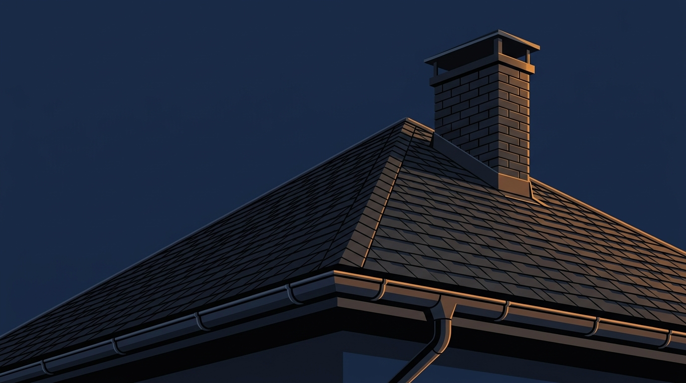 Residential pitched asphalt shingle roof with chimney and gutter