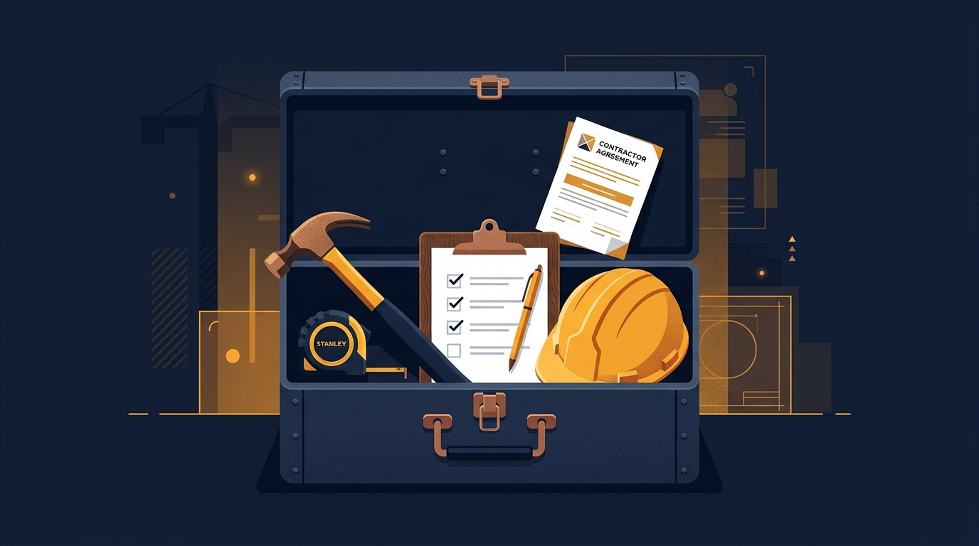 Open contractor toolbox with hammer, tape measure, clipboard, and hardhat
