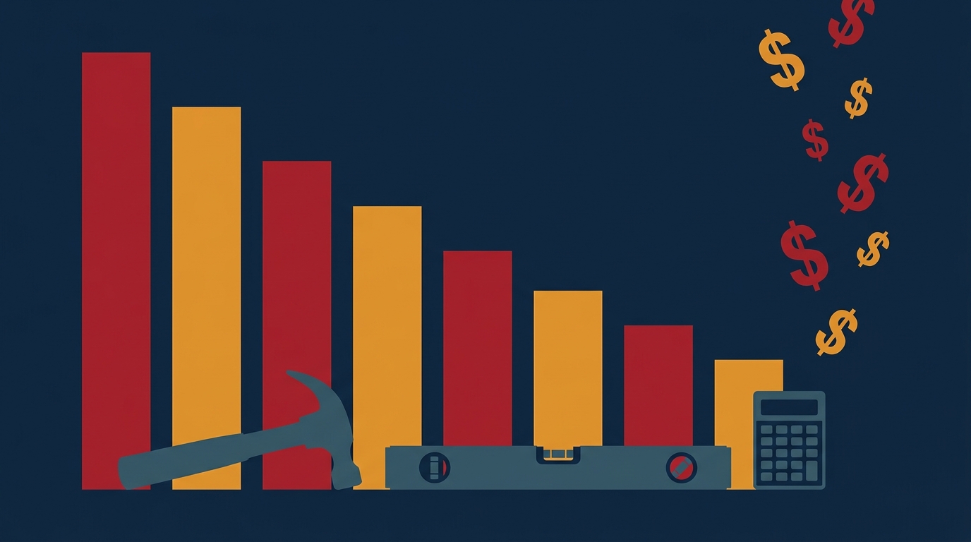 Downward-trending bar chart over construction tool silhouettes